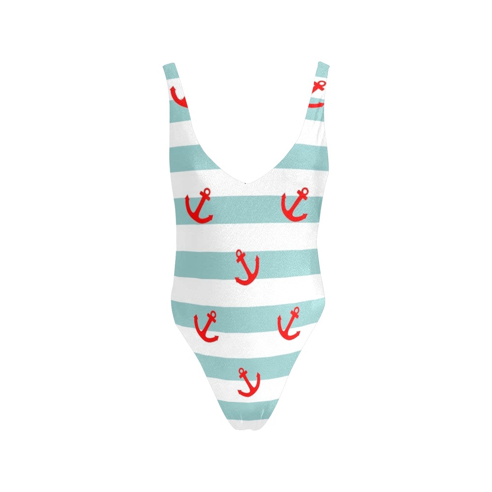 Anchor Stripes Sexy Low Back One-Piece Swimsuit (Model S09)