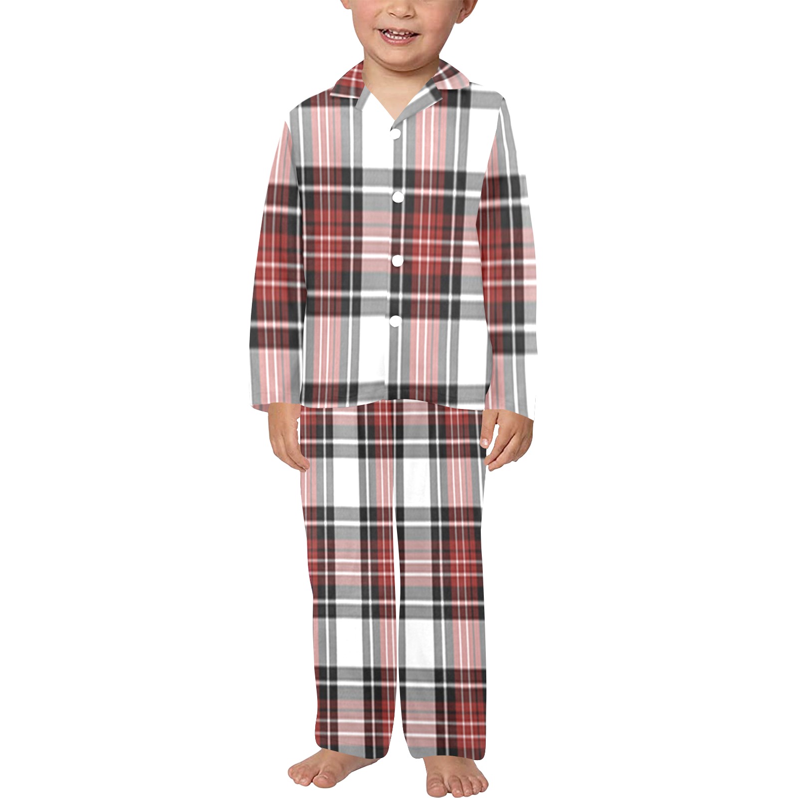 Red Black Plaid Little Boys' V-Neck Long Pajama Set (Sets 02)