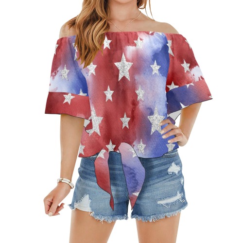 4th of july stars 1 Off Shoulder Knot Front Blouse (Model T71)
