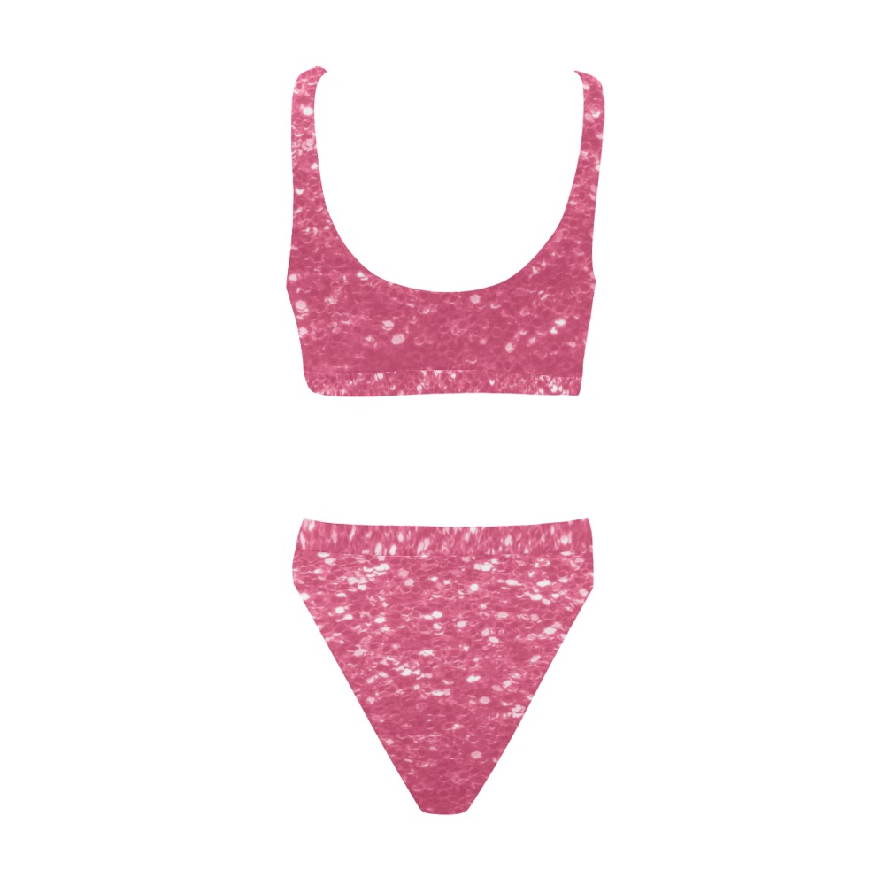 Magenta light pink red faux sparkles glitter Sport Top & High-Waisted Bikini Swimsuit (Model S07)
