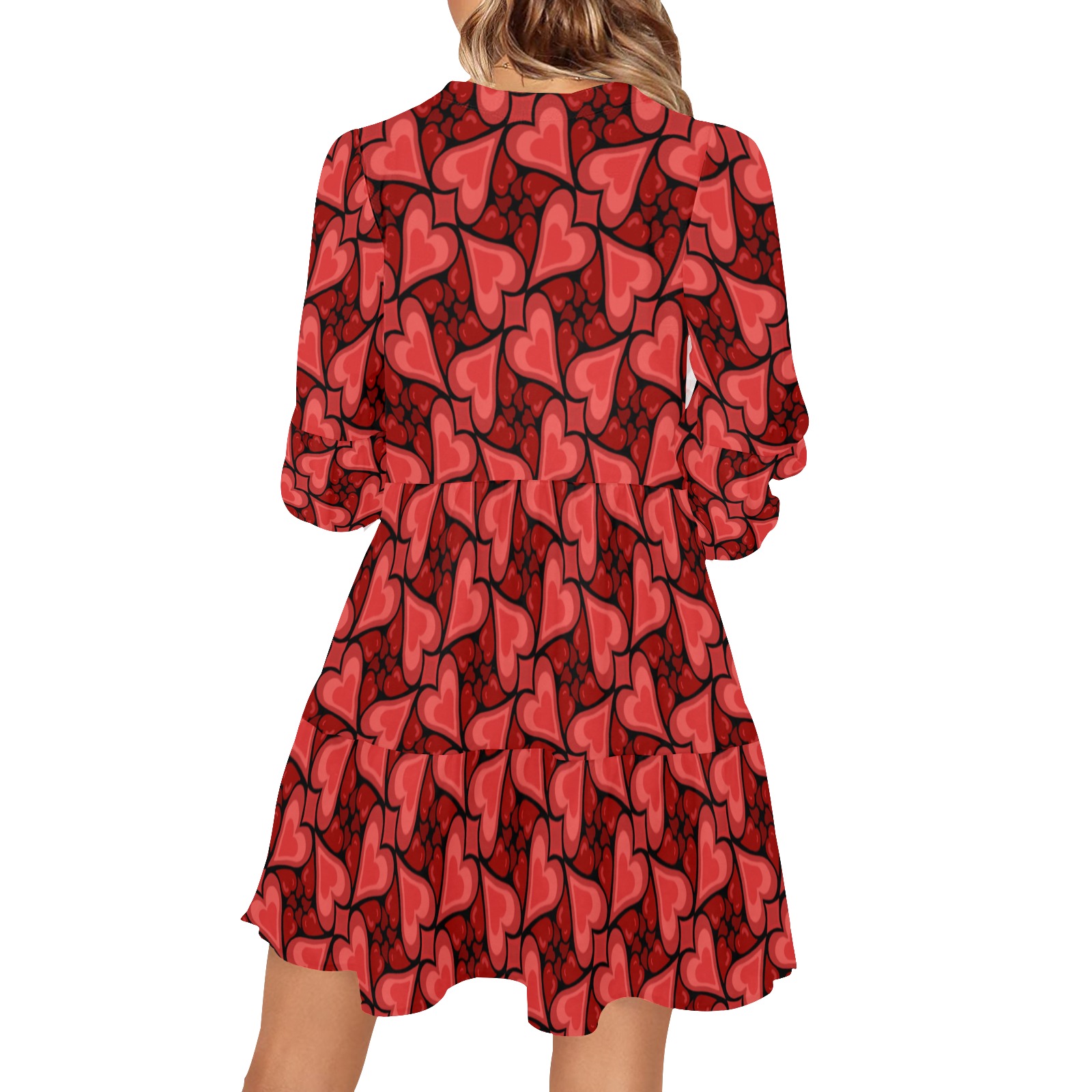 Heart Pattern Love Story Red on Black V-Neck Loose Fit Dress (Model D62)