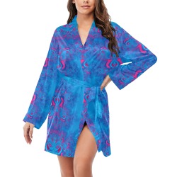 Blue Flowers on the Ocean Frost Fractal Women's Long Sleeve Belted Night Robe