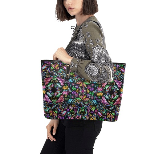 Whimsical Blooms Chic Leather Tote Bag (Model 1709)