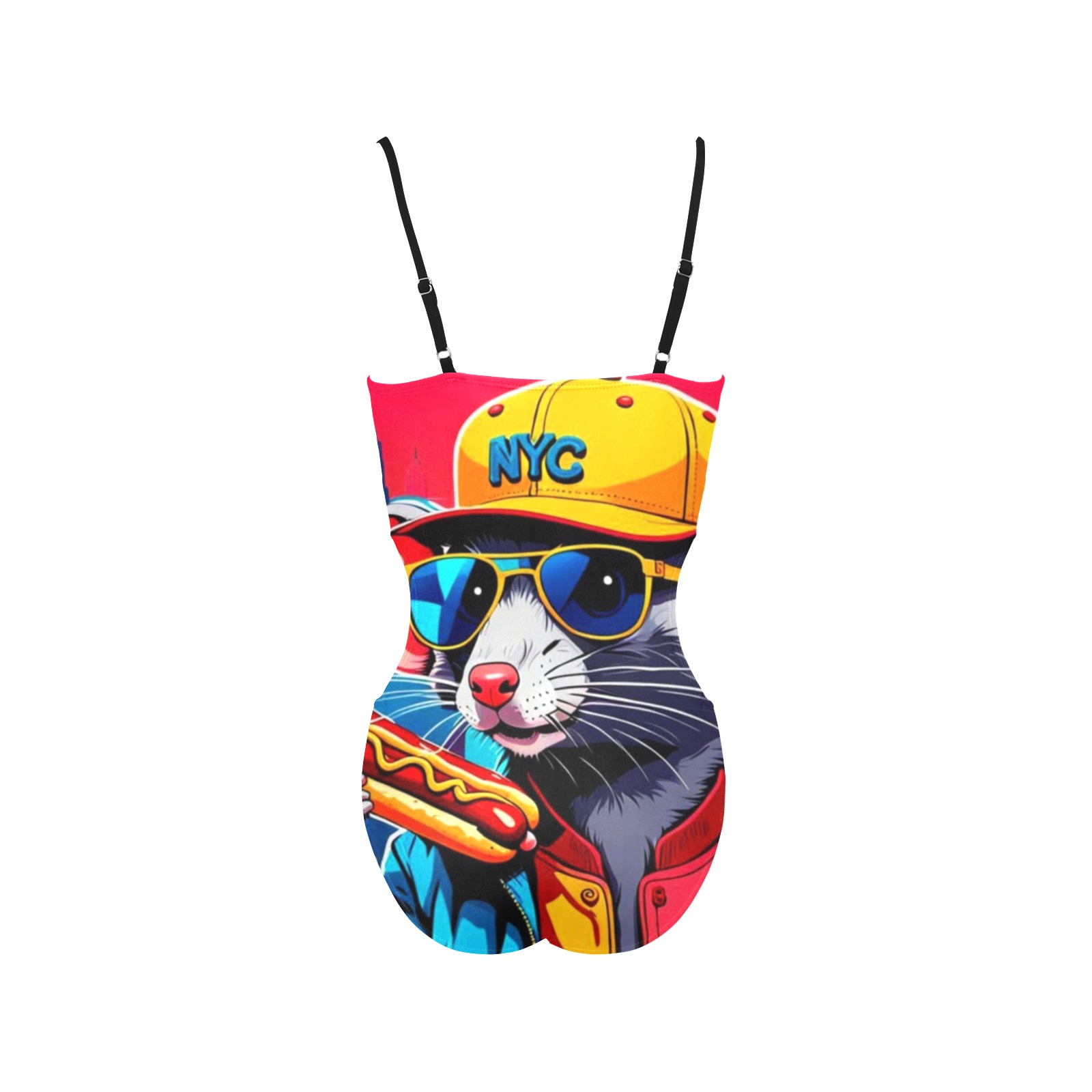 HOT DOG EATING NYC RAT 3 Spaghetti Strap Cut Out Sides Swimsuit (Model S28)