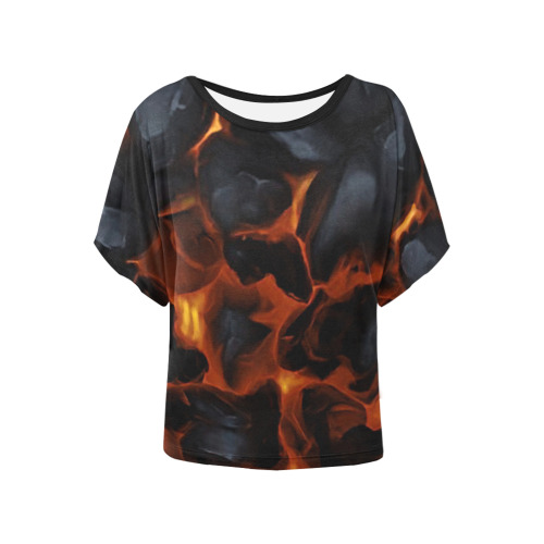 Black and Orange hot Coals Lava Women's Batwing-Sleeved Blouse T shirt (Model T44)