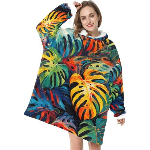 Chic monstera leaves. Colorful decorative art. Blanket Hoodie for Women