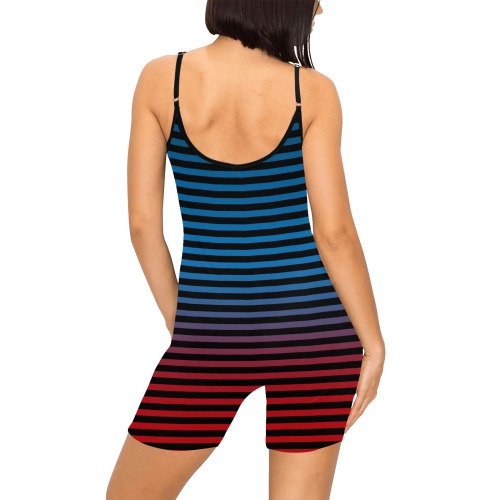 Stripes Fade Blue, Black, Red Women's Short Yoga Bodysuit
