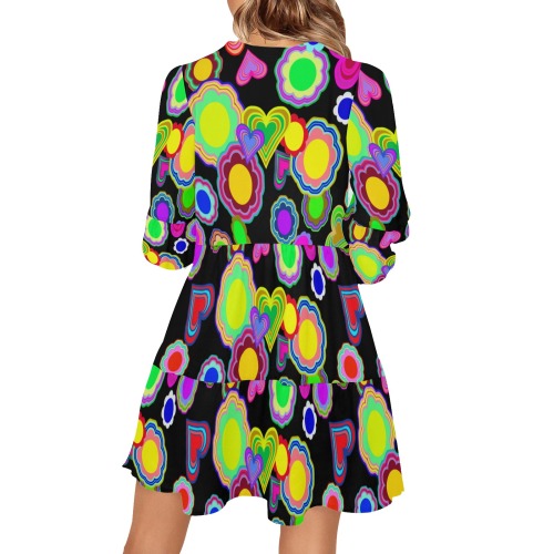 Groovy Hearts and Flowers Black V-Neck Loose Fit Dress (Model D62)