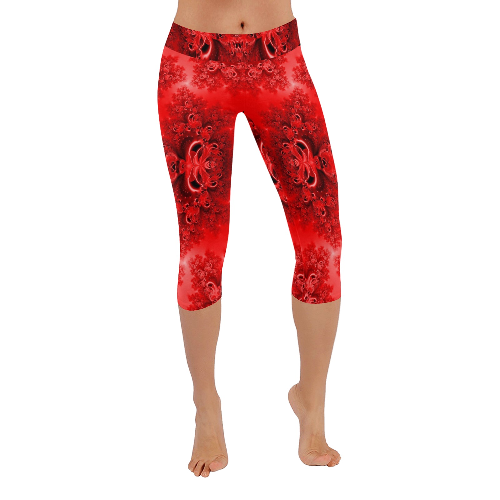 Fiery Red Rose Garden Frost Fractal Women's Low Rise Capri Leggings (Invisible Stitch) (Model L08)