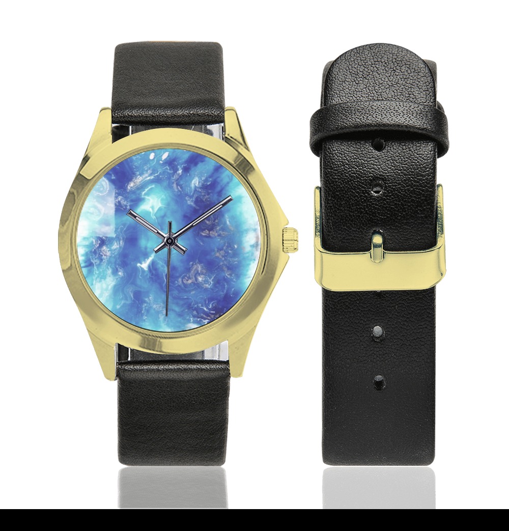 Encre Bleu Photo Unisex Silver-Tone Round Leather Watch (Model 216)