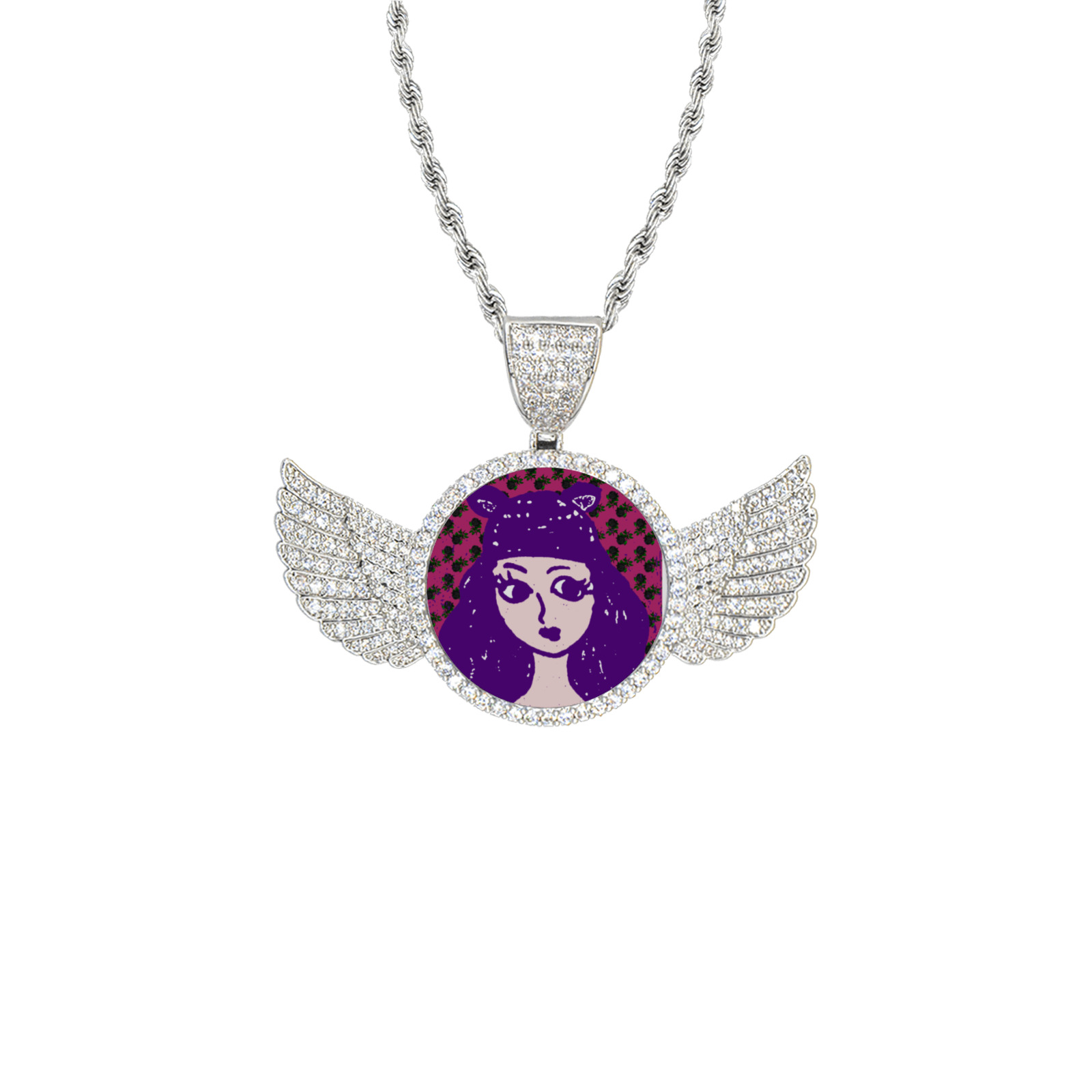 purple cat ear hat girl floral wall Wings Silver Photo Pendant with Rope Chain