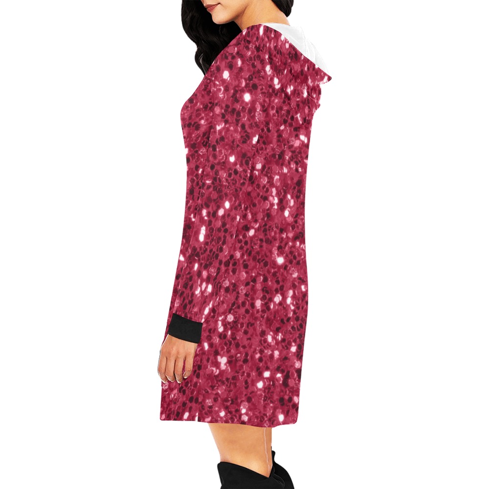 Magenta dark pink red faux sparkles glitter All Over Print Hoodie Mini Dress (Model H27)