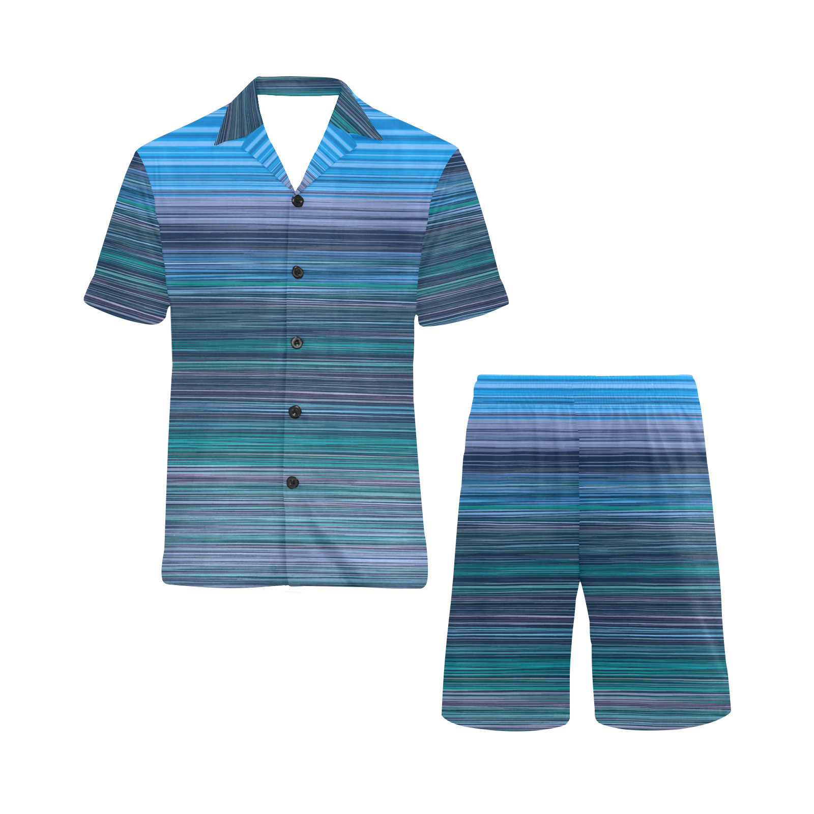 Abstract Blue Horizontal Stripes Men's V-Neck Short Pajama Set