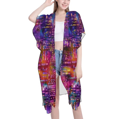 Rainbow Shibori Tie Dye Mid-Length Side Slits Chiffon Cover Ups (Model H50)