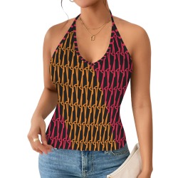 geo retro black fucsia orange Women's V-Neck Halter Top (Model T83)