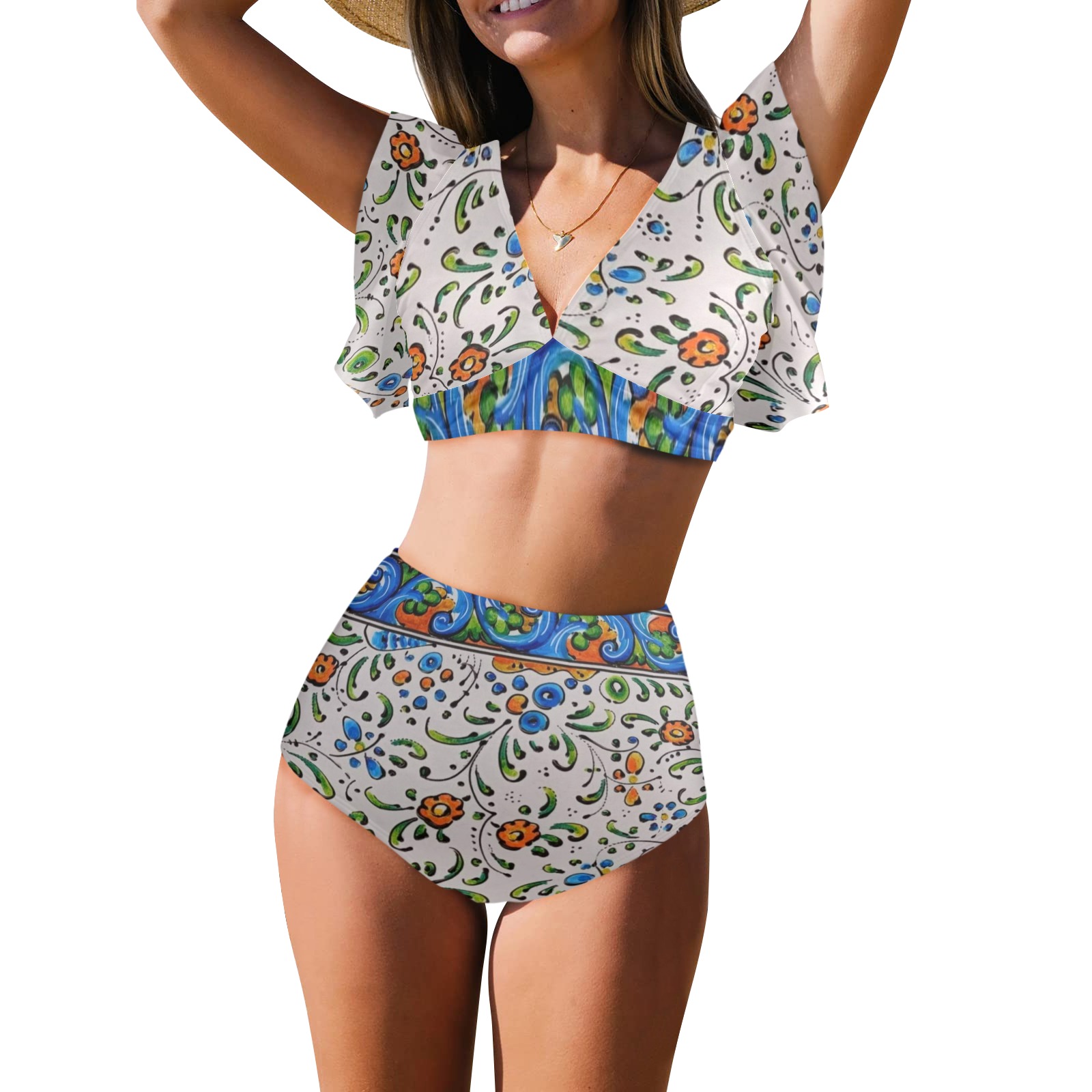 Floral Women's Ruffle Sleeve Bikini Swimsuit (Model S42)