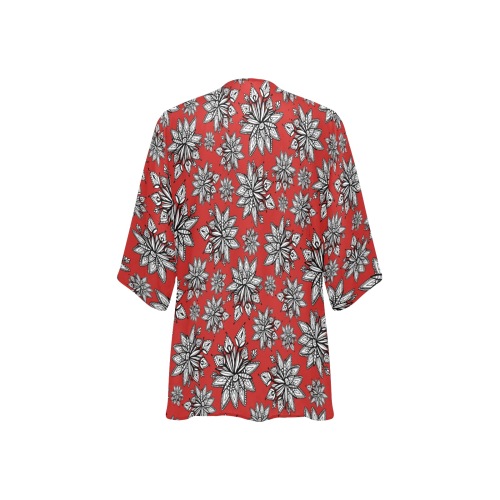 Creekside Floret pattern sky red Women's Kimono Chiffon Cover Ups (Model H51)