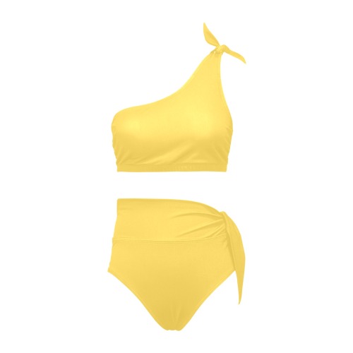 color mustard High Waisted One Shoulder Bikini Set (Model S16)