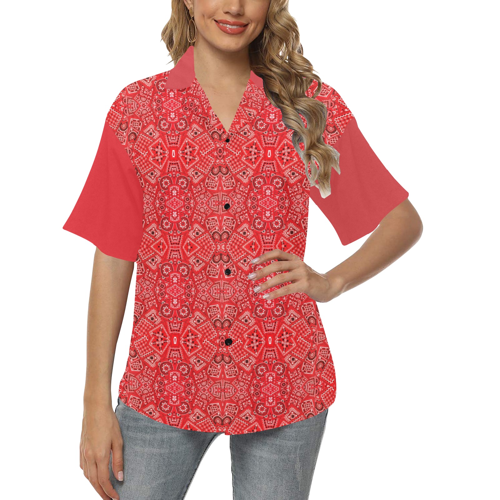 Red Bandanna (Bandana) Pattern All Over Print Hawaiian Shirt for Women (Model T58)