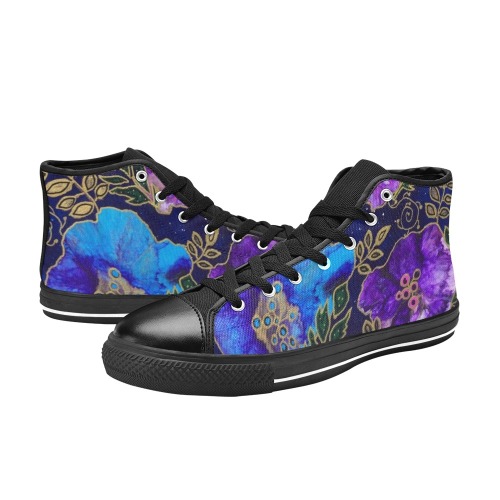 Dark Blue Floral High Top Canvas Shoes for Kid (Model 017)
