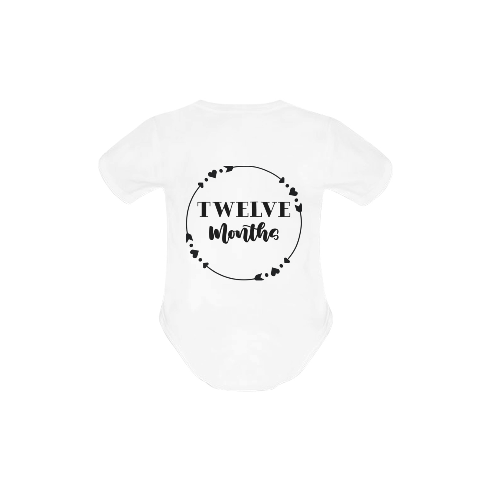 Circle Heart Arrows Monthly Milestones-TWELVE MONTHS OLD WHITE Baby Powder Organic Short Sleeve One Piece (Model T28)