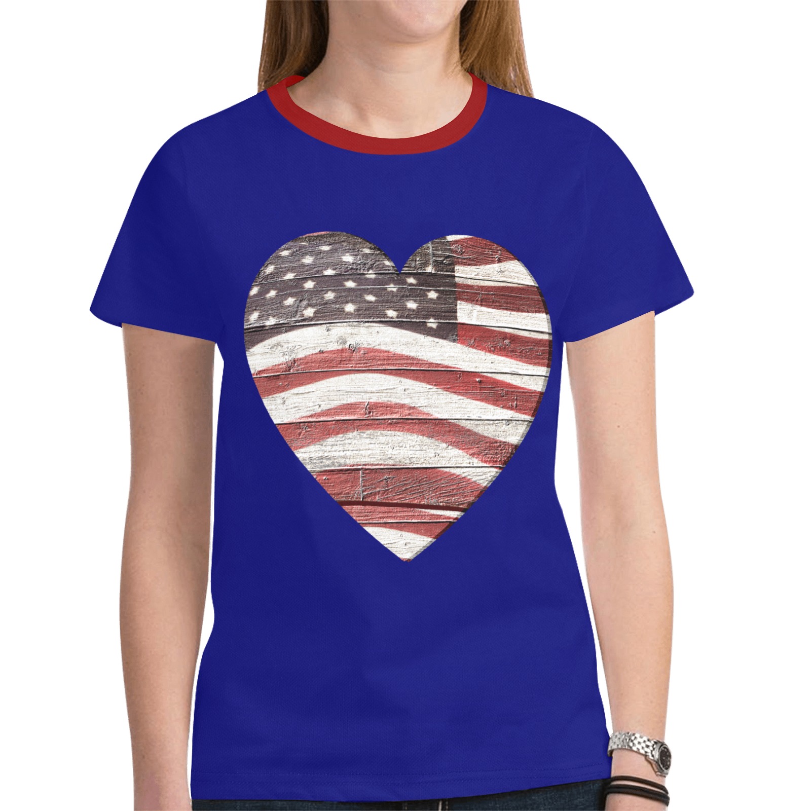 USA Painted Wood Heart on Blue New All Over Print T-shirt for Women (Model T45)