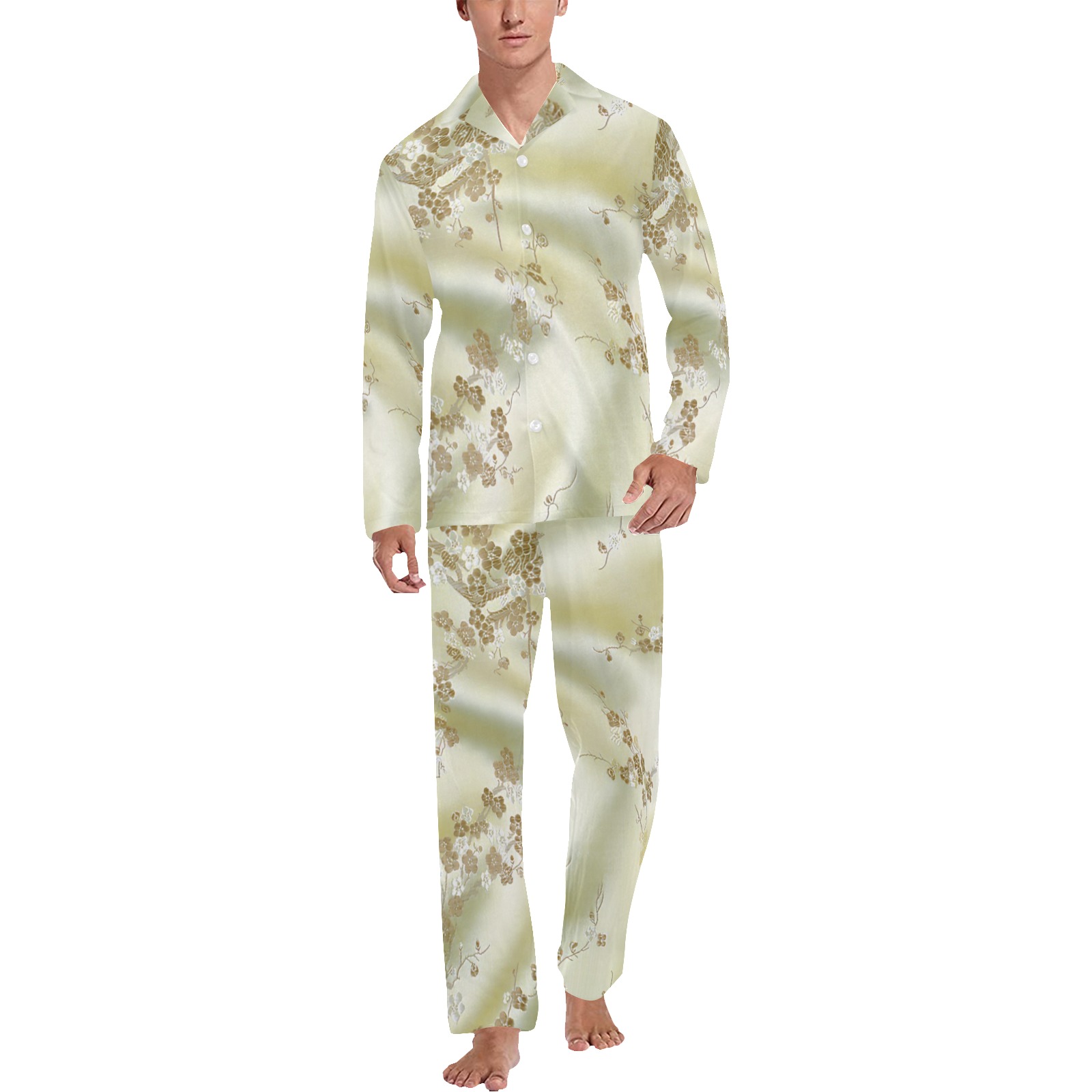 Champagne Silk Pajamas Men's V-Neck Long Pajama Set