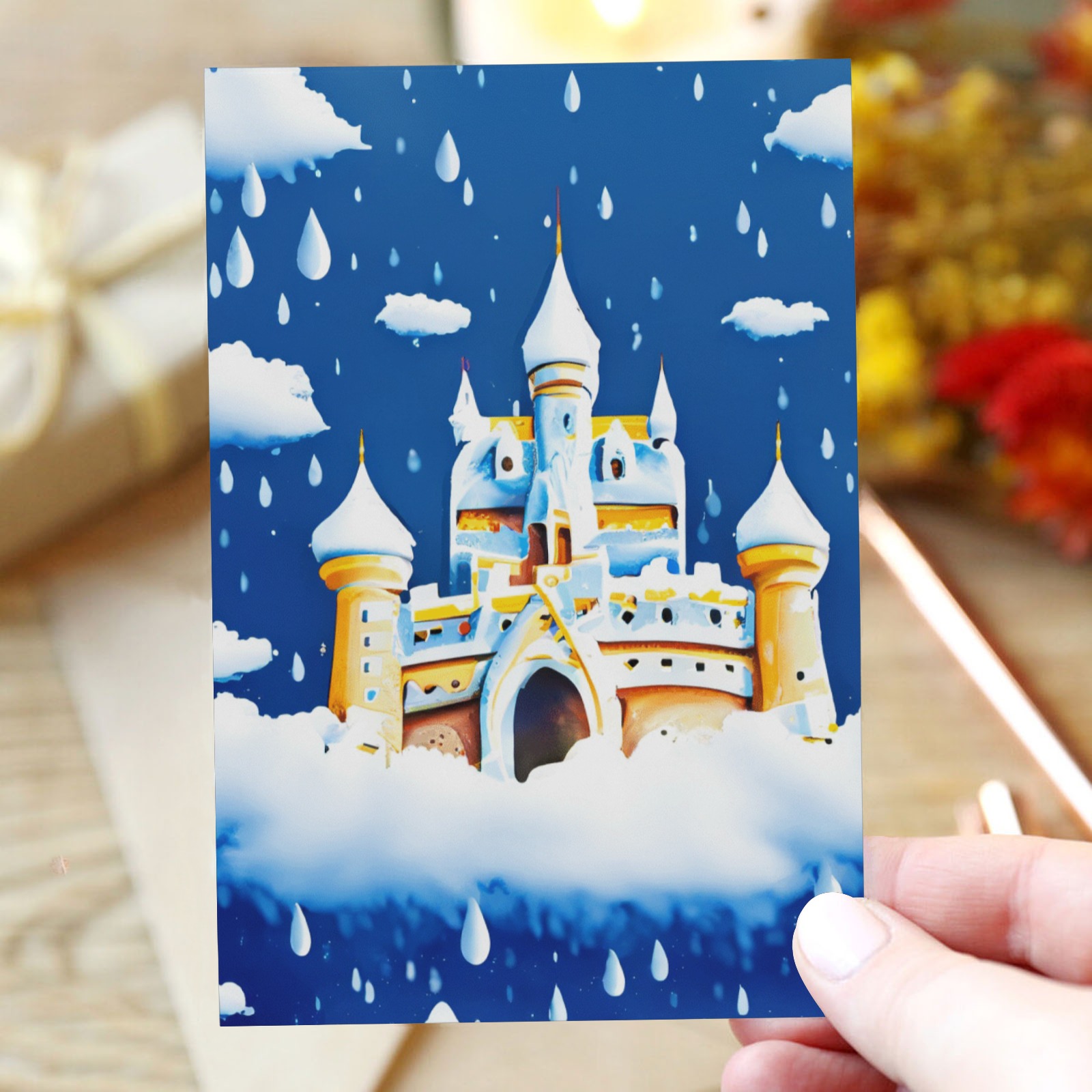 snowy background color paint droplets the image of a castle on clouds 1 Greeting Card 4"x6"