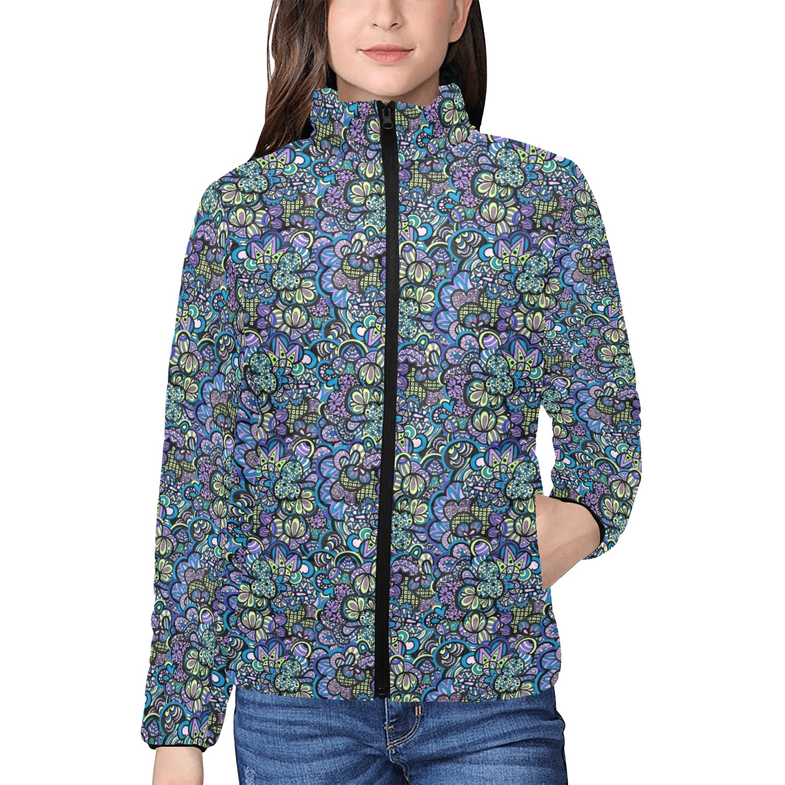 Scrambled Peacock Eggs - Small Pattern Women's Stand Collar Padded Jacket (Model H41)