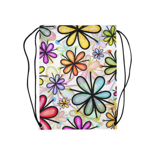 Watercolor Rainbow Doodle Daisy Flower Pattern Medium Drawstring Bag Model 1604 (Twin Sides) 13.8"(W) * 18.1"(H)