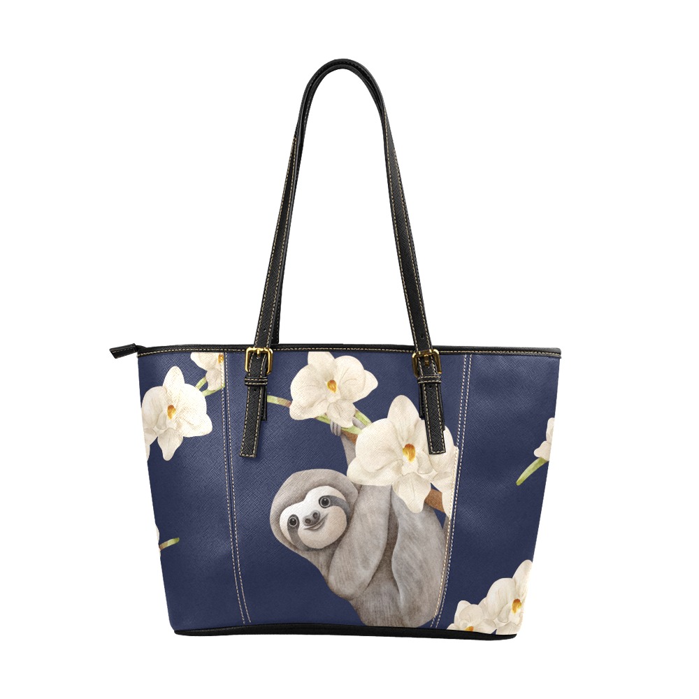 Navy Blue Sloth Tote Leather Tote Bag/Large (Model 1640)