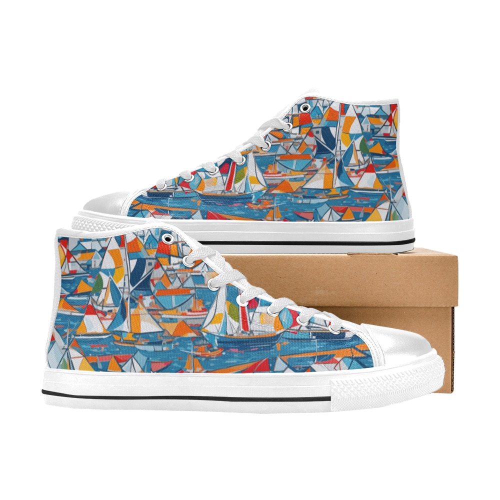 Colorful yachts, sailboats. Blue sea. Abstract art Women's Classic High Top Canvas Shoes (Model 017)