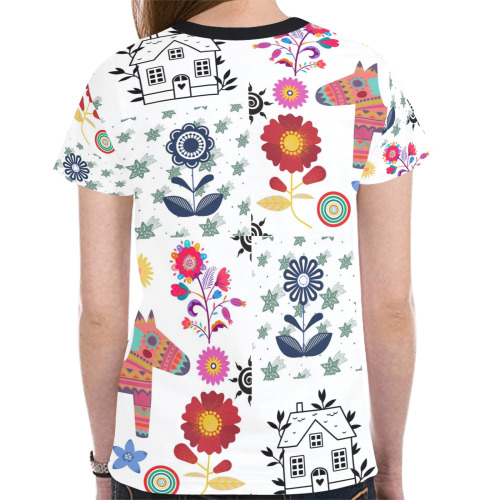 Alpaca Pinata With Blue House and Flowers Pattern New All Over Print T-shirt for Women (Model T45)