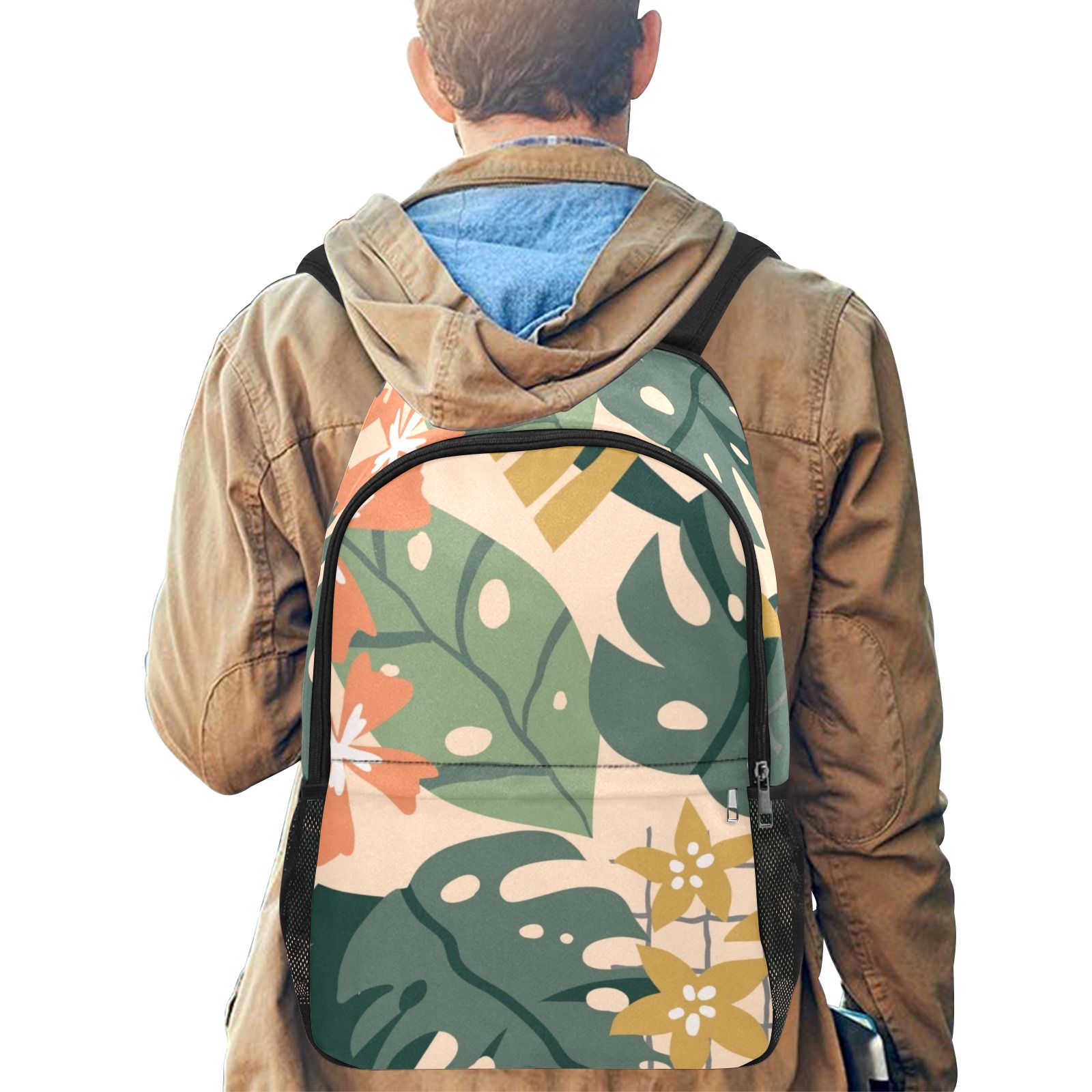 Monstera Leaves - Gorgeous Tropical Pattern Fabric Backpack with Side Mesh Pockets (Model 1659)
