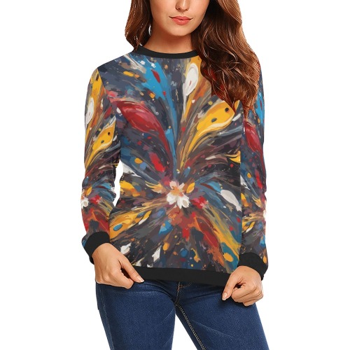 Cool colorful abstract art, dark bluish background All Over Print Crewneck Sweatshirt for Women (Model H18)