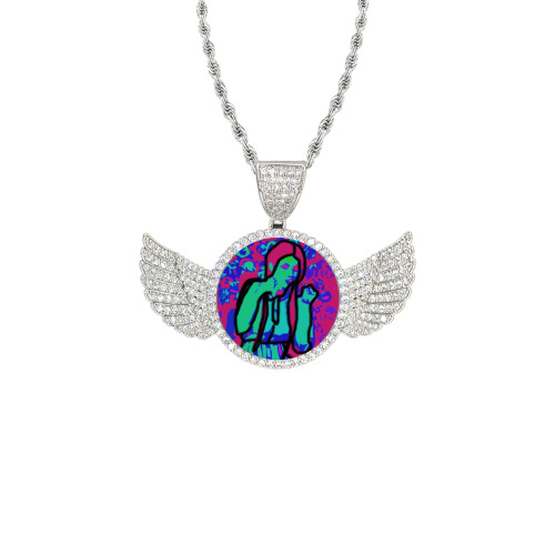 neon cat girl Wings Silver Photo Pendant with Rope Chain