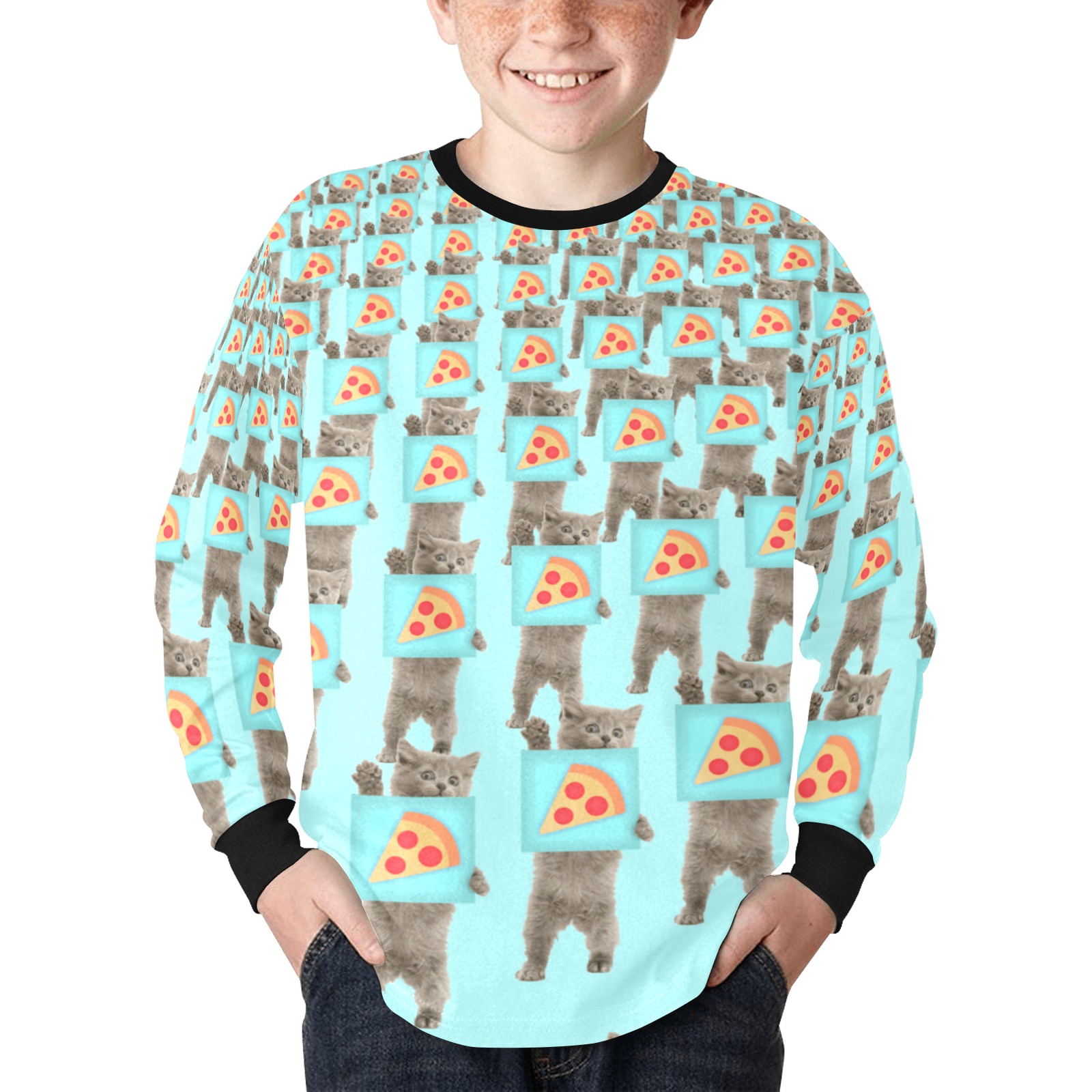 cat pattern Kids' Rib Cuff Long Sleeve T-shirt (Model T64)
