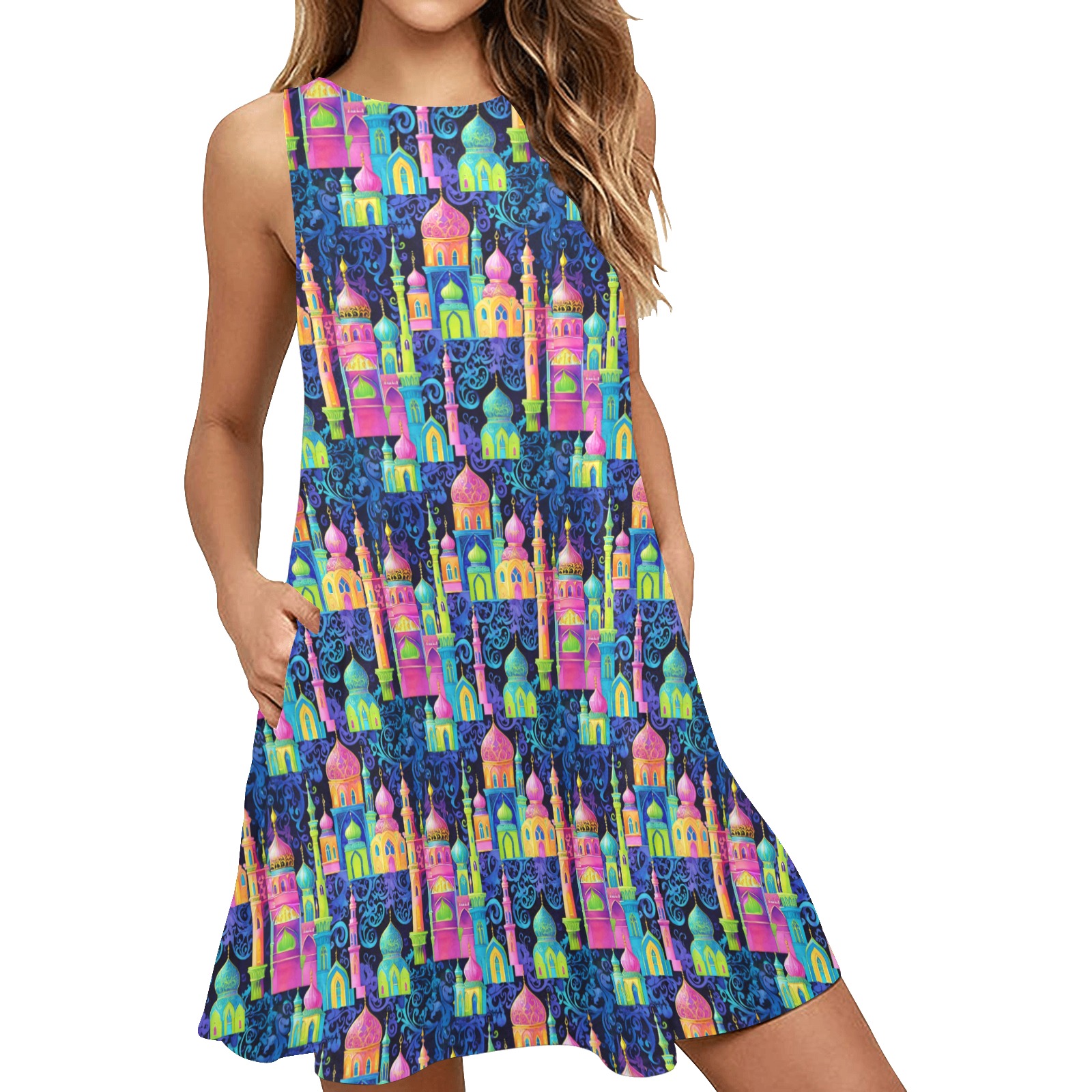 Whimsical Moroccan Print Colorful Arabesque Pattern Sleeveless A-Line Pocket Dress (Model D57)