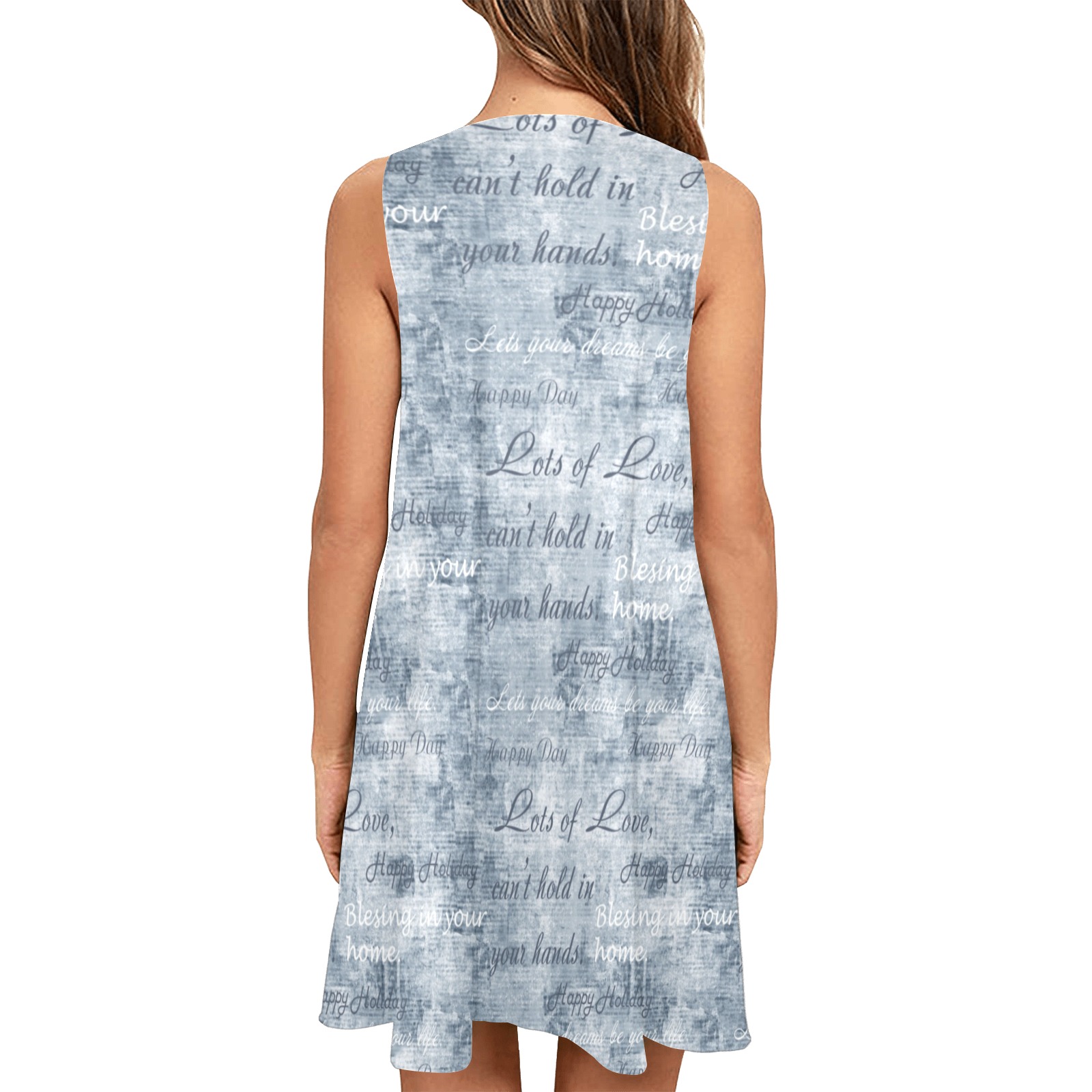 Blue Inscription Sleeveless A-Line Pocket Dress (Model D57)