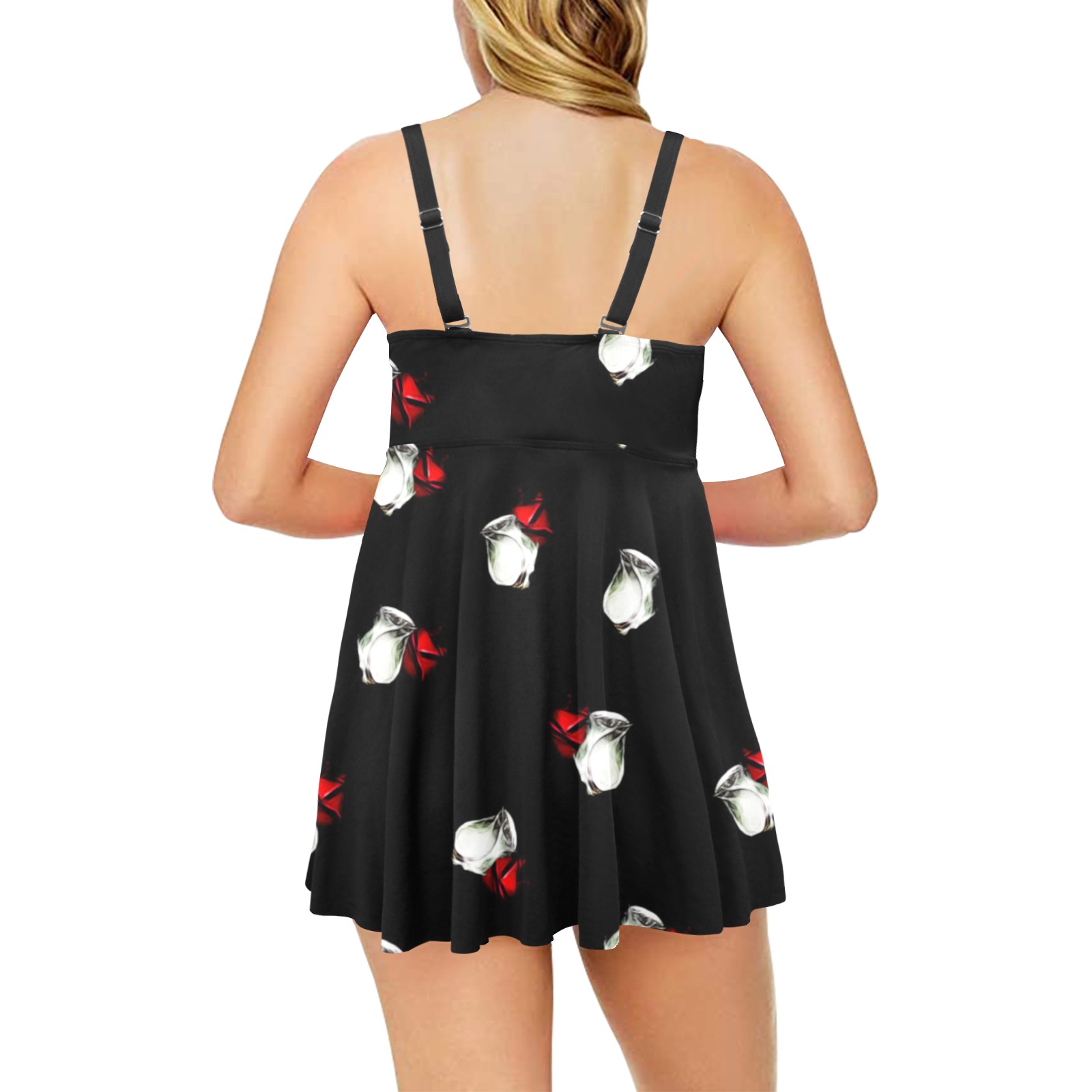 White and Red Roses Chest Pleat Swim Dress (Model S31)