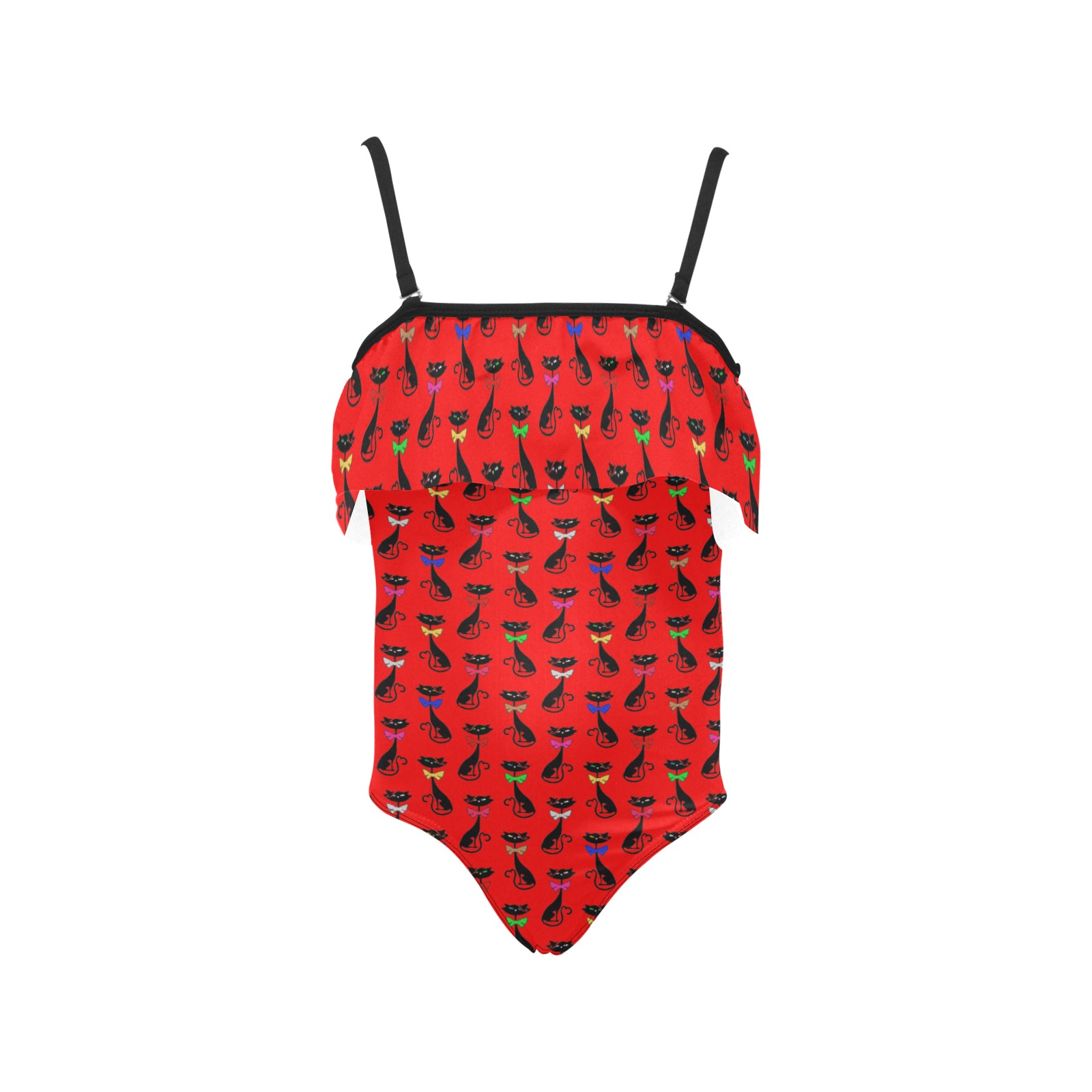 Black Cats Wearing Bow Ties - Red Kids' Spaghetti Strap Ruffle Swimsuit (Model S26)
