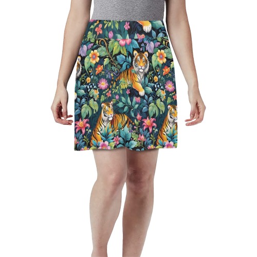 Jungle Tigers and Tropical Flowers Pattern Women's Athletic Skirt (Model D64)