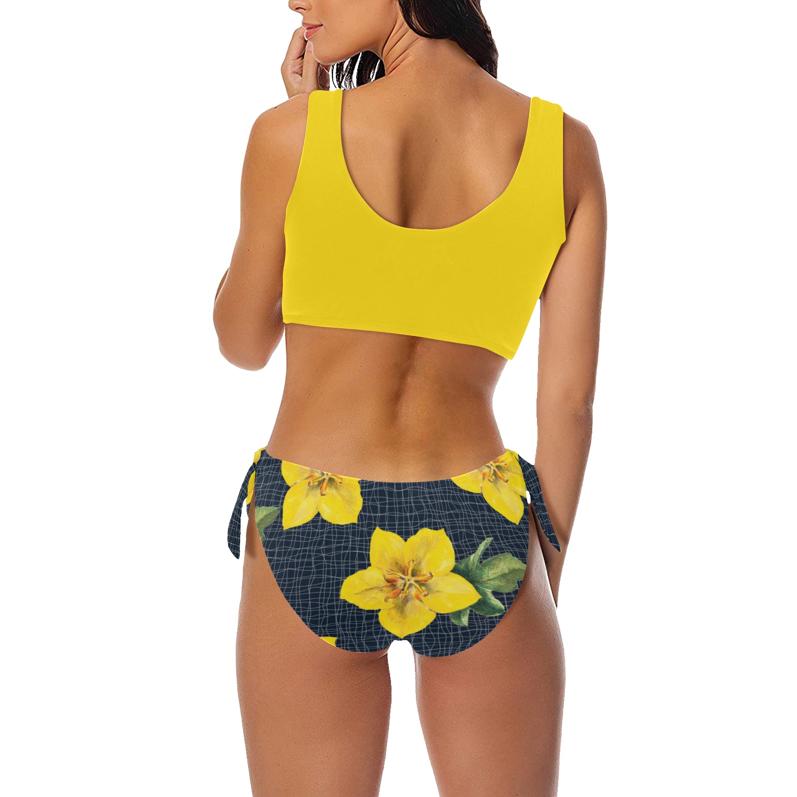 yellow flora print copy Bow Tie Front Bikini Swimsuit (Model S38)