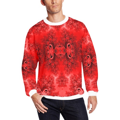 Fiery Red Rose Garden Frost Fractal All Over Print Crewneck Sweatshirt for Men (Model H18)
