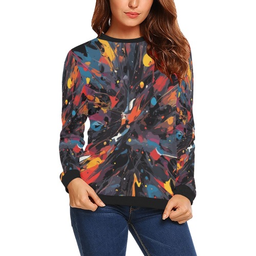 Abstract art of red, yellow, blue paint on dark All Over Print Crewneck Sweatshirt for Women (Model H18)