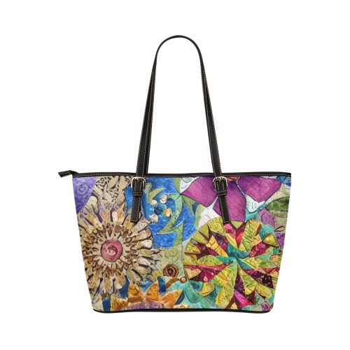 Boho Aesthetic Simulated Quilt Artwork Leather Tote Bag/Large (Model 1651)