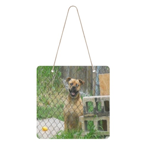 A Smiling Dog Square Wood Door Hanging Sign