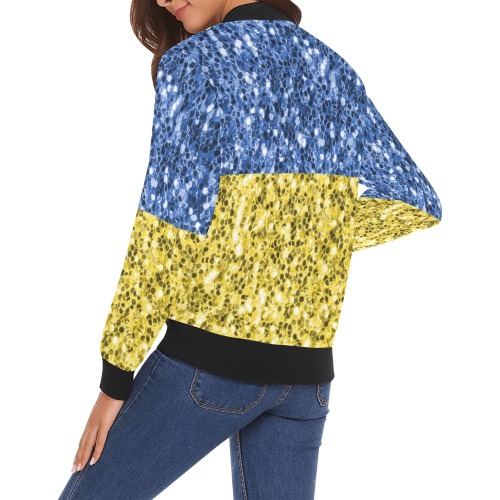 Blue yellow Ukraine flag glitter faux sparkles All Over Print Bomber Jacket for Women (Model H19)