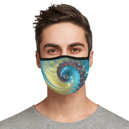 Turquoise and Gold Spiral Fractal Abstract Elastic Binding Mouth Mask for Adults (Model M09)