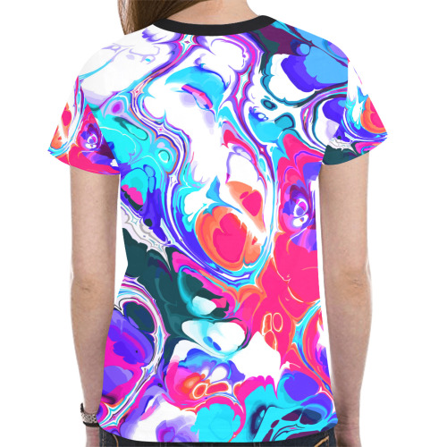 Blue White Pink Liquid Flowing Marbled Ink Abstract New All Over Print T-shirt for Women (Model T45)